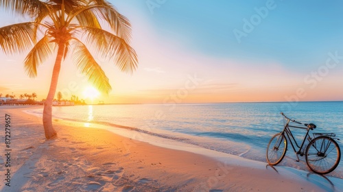 Serene Beach Scene at Sunset with Palm Tree and White Bicycle photo