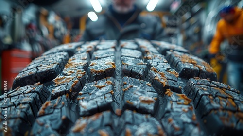 Close-up of an all-terrain tire with ice and dirt on tread - Generative AI photo