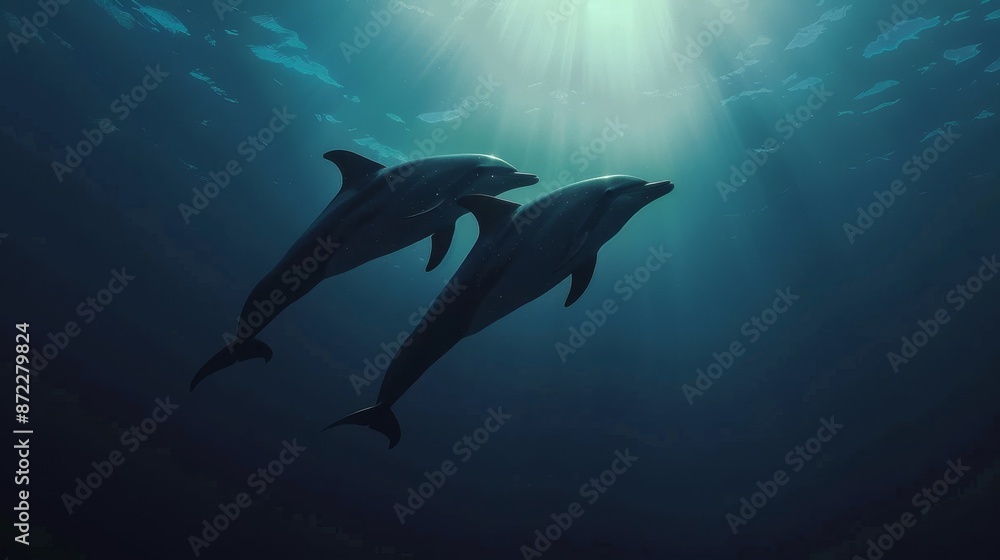 Fototapeta premium Two dolphins swimming underwater in tropical sea marine life concept