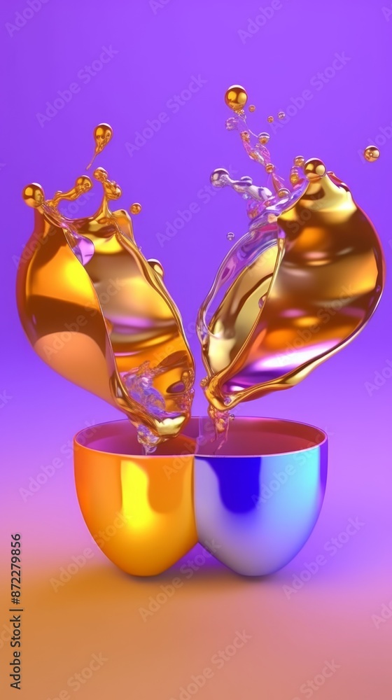 Vibrant golden splashes from broken egg on purple and orange background liquid art concept Vibrant golden splashes from broken egg on purple and orange background liquid art concept