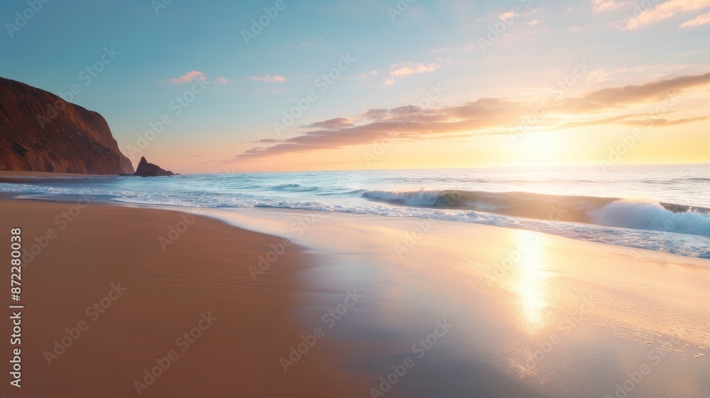 Serene Beach Scene at Sunset with Majestic Cliff Serene Beach Scene at Sunset with Majestic Cliff