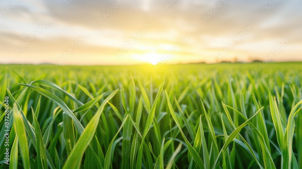 Fototapeta premium Serene Scene of Vast Field with Tall Green Grass and Sunset