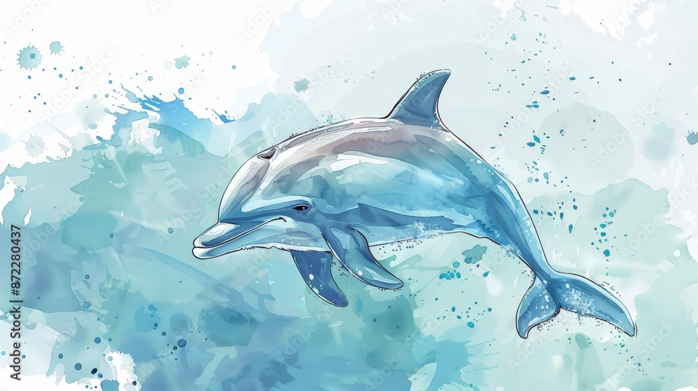 Naklejka premium Watercolor Dolphin in Blue Ocean