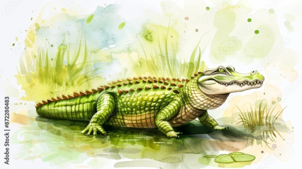 Fototapeta premium Watercolor Illustration of a Crocodile in a Swamp