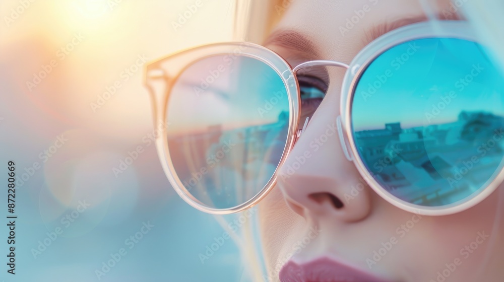 Blonde Woman with Pink Lipstick Enjoying Sunset Over Ocean Blonde Woman with Pink Lipstick Enjoying Sunset Over Ocean