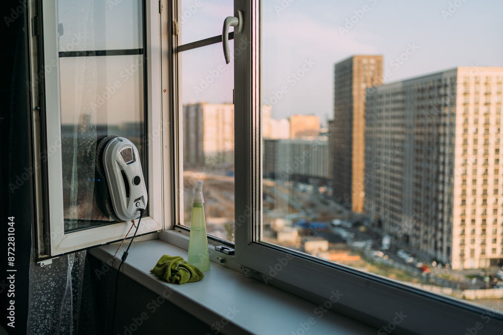 The window cleaner robot is held on the window by vacuum. A robot washes windows in a high-rise building. Window Sprayer