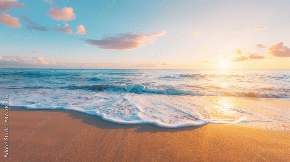 Serene Sunset Beach Scene with Ocean Waves and Two Individuals Serene Sunset Beach Scene with Ocean Waves and Two Individuals