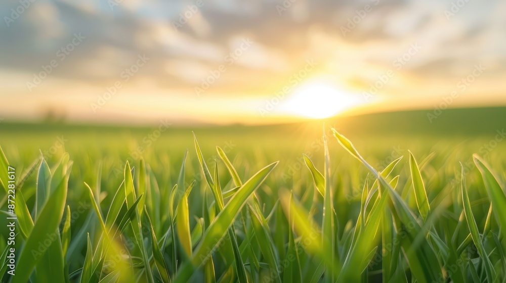 Fototapeta premium Serene Sunrise Over Lush Grassy Field