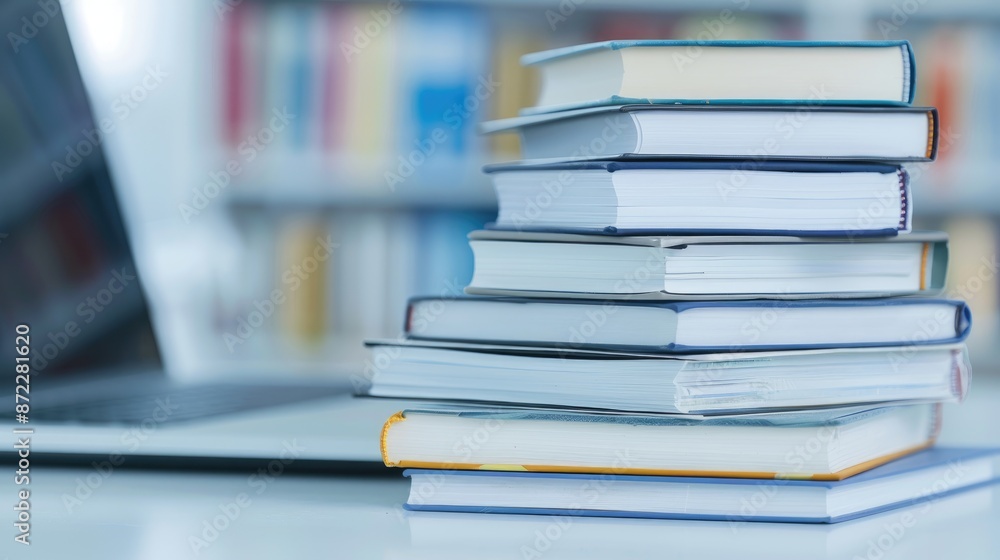 Stacked Blue Books with Blurred Laptop in Background Stacked Blue Books with Blurred Laptop in Background