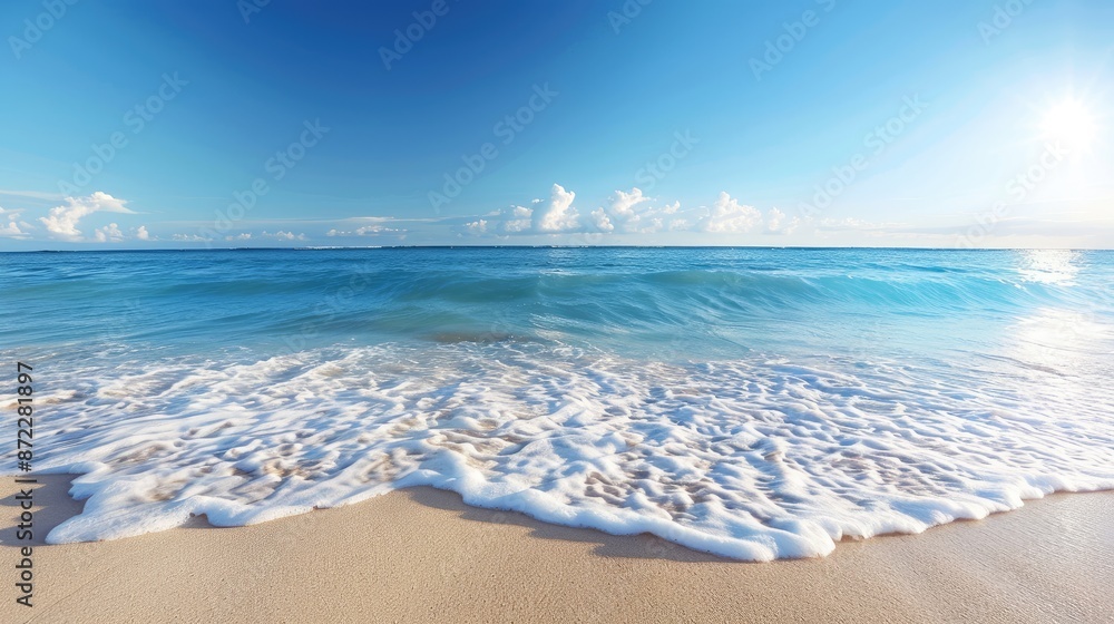 Serene Beach Scene with Dynamic Waves and Blue Skies Serene Beach Scene with Dynamic Waves and Blue Skies