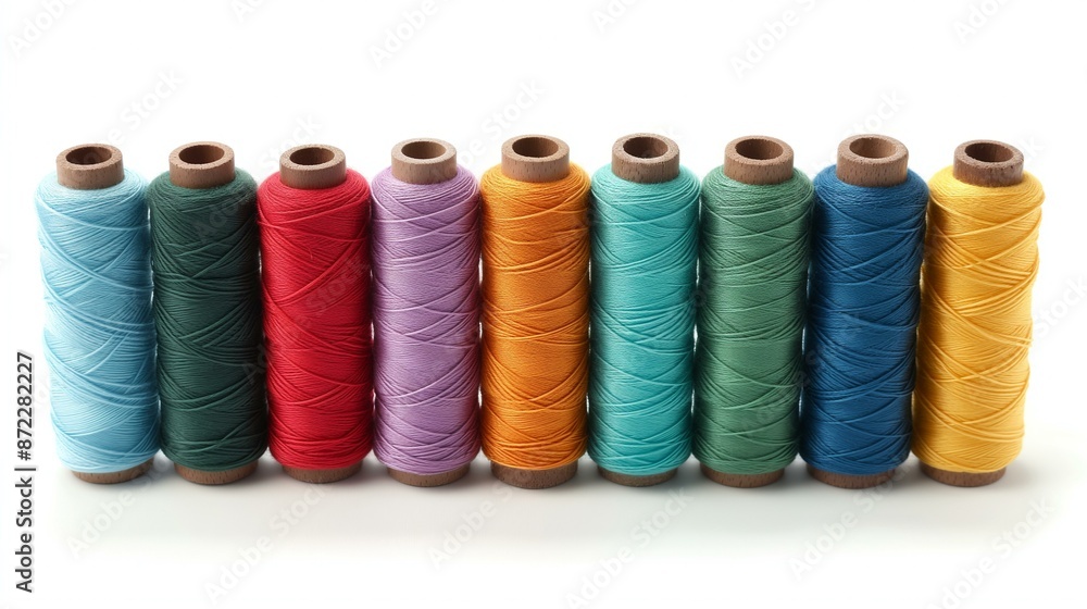 Colorful Spools of Thread Arranged Neatly on a White Background Colorful Spools of Thread Arranged Neatly on a White Background