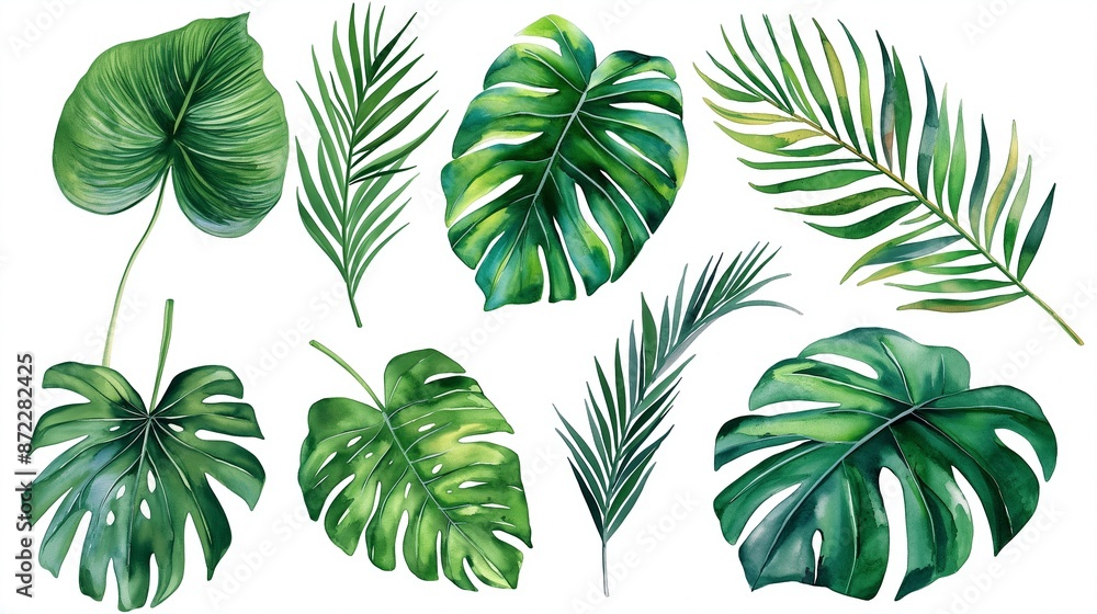 Tropical Palm Leaves Set on White Background, Watercolor Artwork Featuring Lush Green Botanicals