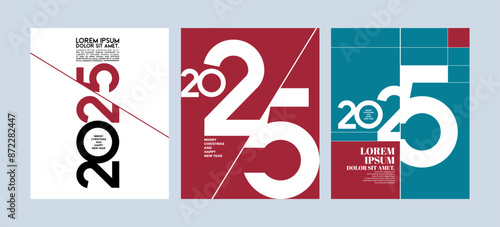 2025 Colorful set of Happy New Year posters. Abstract design with typography style. Vector logo 2025 for celebration and season decoration, backgrounds for branding, banner, cover, poster and more.