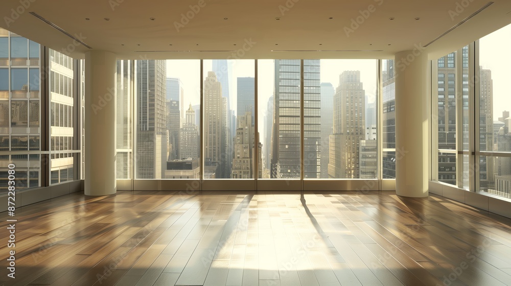 Fototapeta premium empty room with sleek, floor-to-ceiling windows, offering a panoramic view of the city skyline.