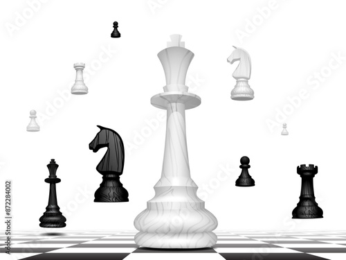 Wood chess pieces floating above the chess floor in perspective isolated on a white background. Сonceptual vector illustration for poster or placard in 3D style.