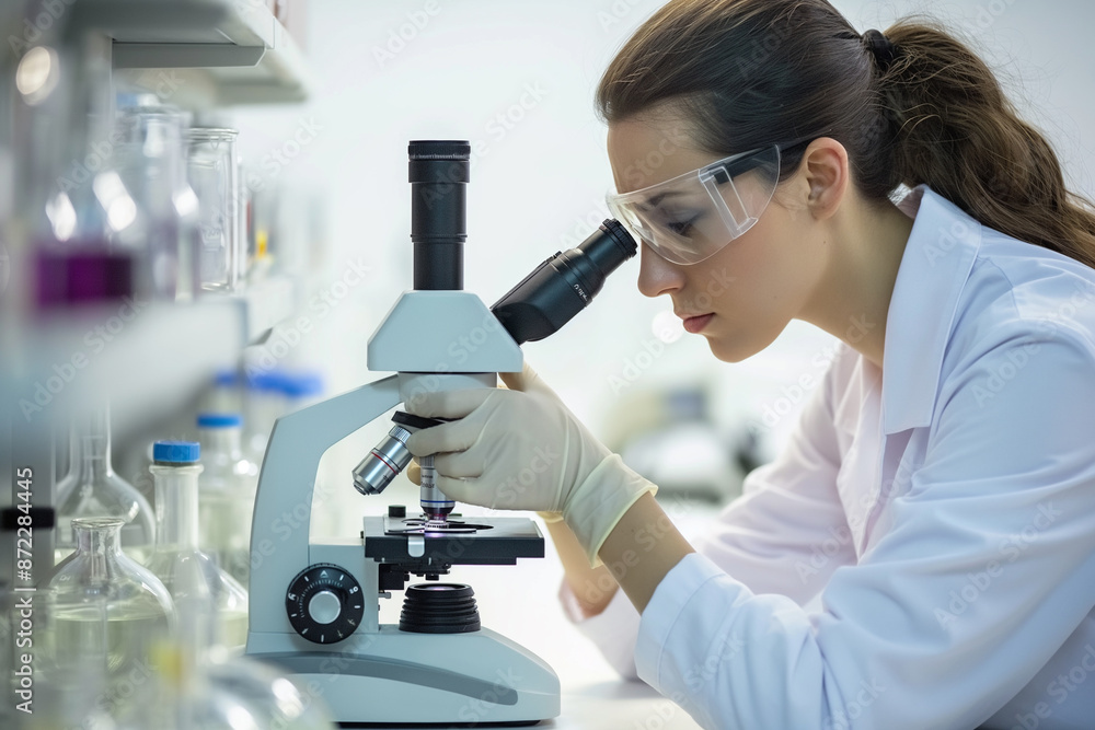 female scientist using a microscope in chemical lab female scientist using a microscope in chemical lab