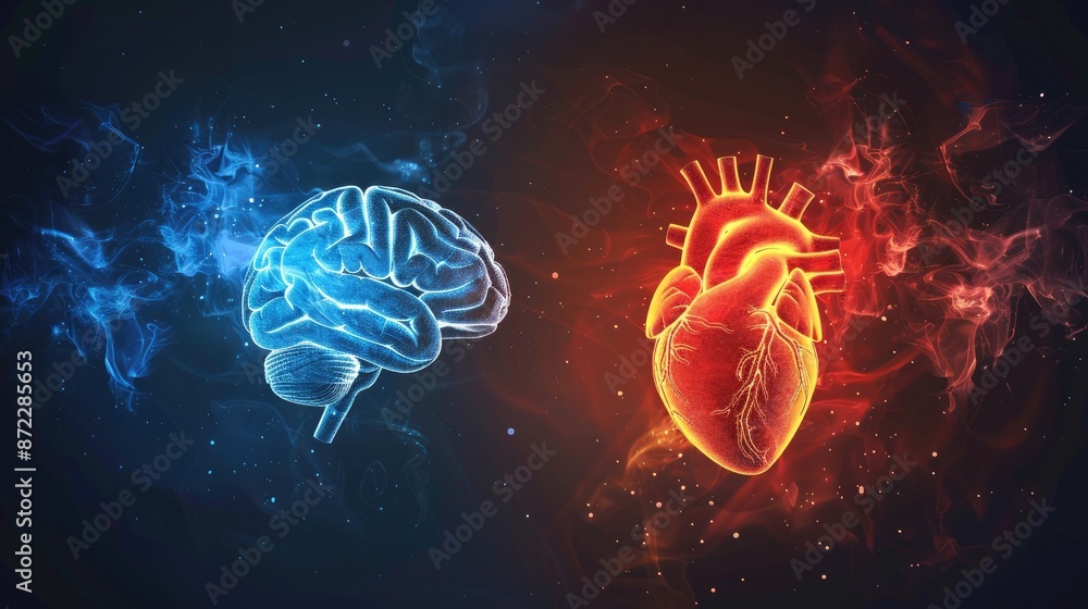 Fototapeta premium Brain and Heart on Abstract Dark Background Highlighting Human Experience