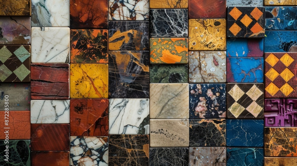 An overhead view of a lavish Scrabble board featuring handpainted tiles made from smooth glossy marble. An overhead view of a lavish Scrabble board featuring handpainted tiles made from smooth glossy marble.