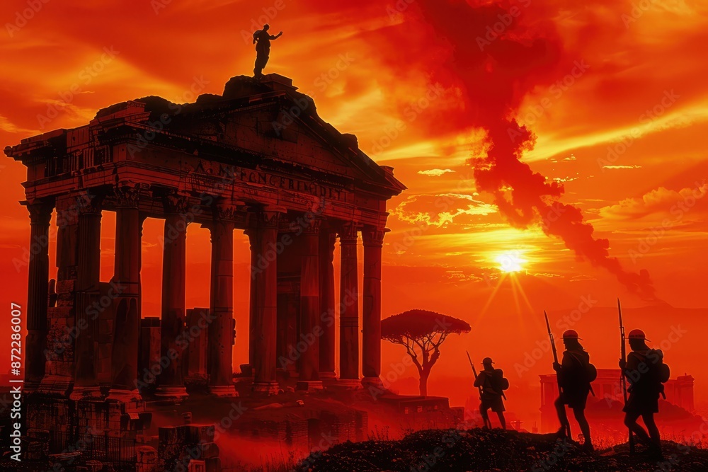 Obraz premium Historic Twilight: Roman Soldiers Walking Around the Silhouette of a Temple at Sunset - A Dramatic Scene of Ancient Civilization.