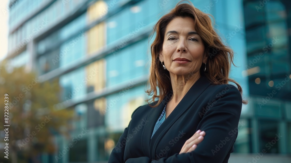 Confident mid-aged Latin businesswoman posing in front of a sleek corporate building. Latin mid aged business woman Confident mid-aged Latin businesswoman posing in front of a sleek corporate building. Latin mid aged business woman