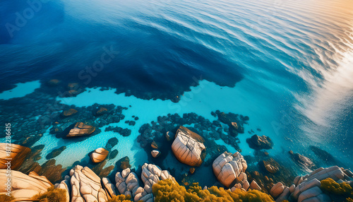 Attractive morning seascape with beautiful view of a small beach on a rocky shore at summer