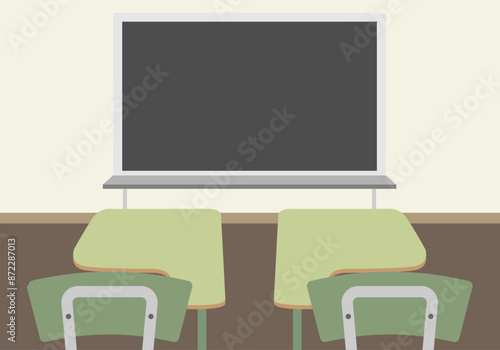 Aula de un colegio con pupitres y pizarra