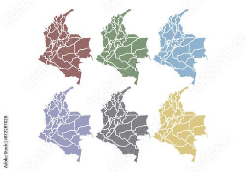 Mapa de Colombia de color rojo, verde, azul, morado, gris y amarillo