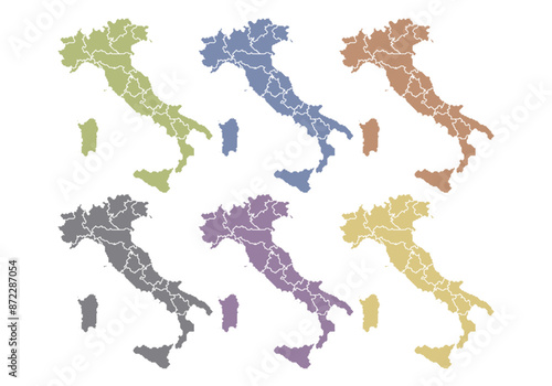 Mapa de Italia de color verde, azul, naranja, gris, morado y amarillo