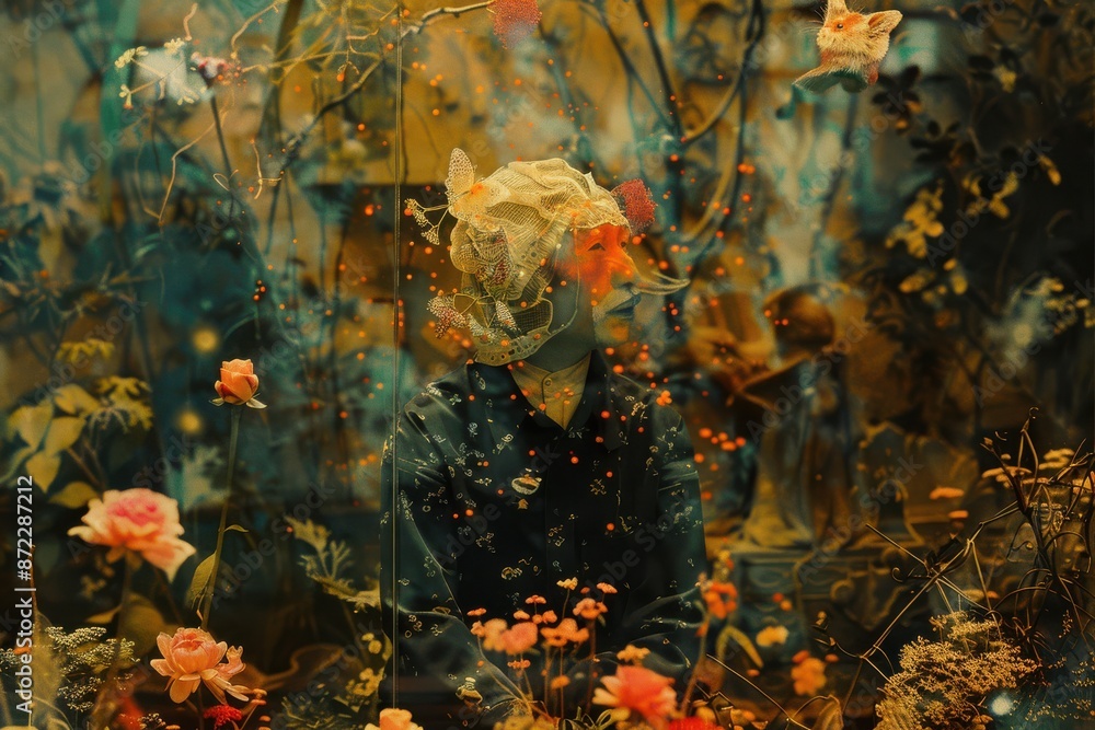 Mystical forest spirit surrounded by birds and leaves, ethereal and enchanting. Mystical forest spirit surrounded by birds and leaves, ethereal and enchanting.