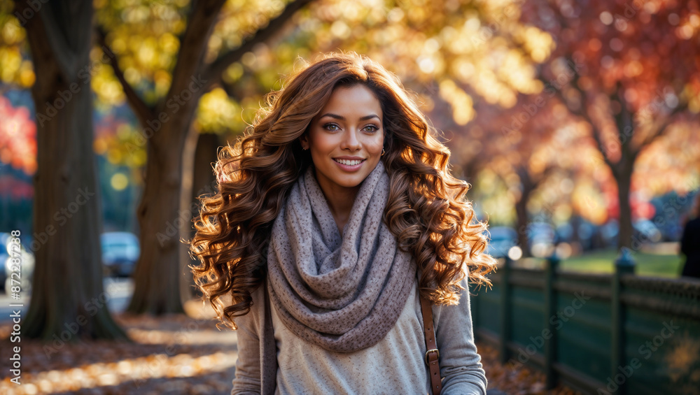 Bella giovane donna con lunghi capelli ricci in un parco di una città in autunno durante il foliage. Indossa una sciarpa. Bella giovane donna con lunghi capelli ricci in un parco di una città in autunno durante il foliage. Indossa una sciarpa.