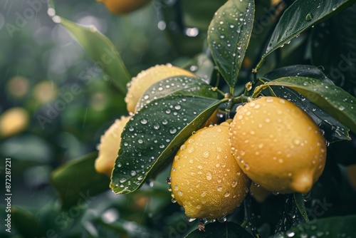 Lemons on tree, droplets, fujifilm, fujicolor c200, depth of field photo