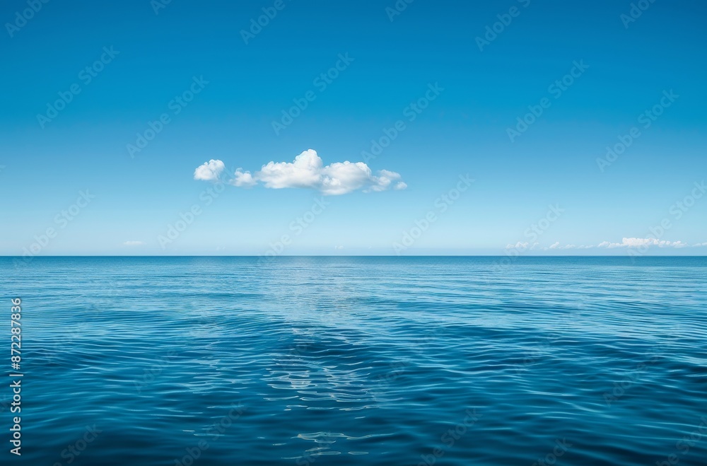 Fototapeta premium wide shot of the vast, calm sea under a clear blue sky. The water is a deep ocean color with gentle ripples and small waves in its distance