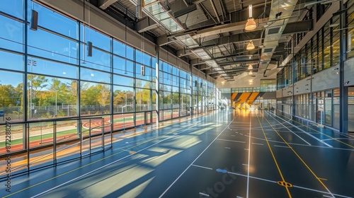 high-performance athletic facility with specialized energy-efficient windows that reduce glare and UV exposure, protecting athletes while maintaining indoor comfort