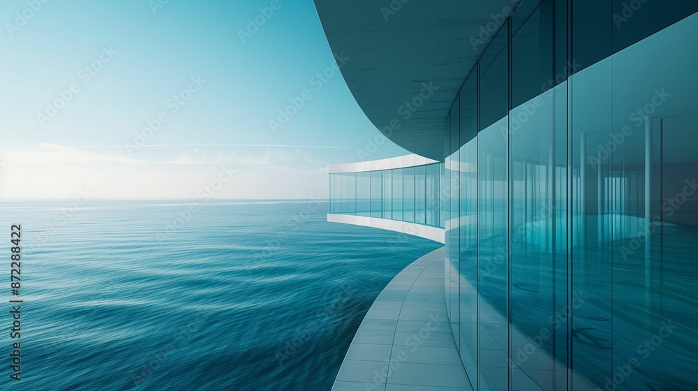 Fototapeta premium AI generated illustration of modern architecture with glass walls overlooking a calm ocean