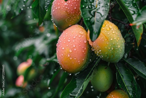 Mangoes on tree, droplets, fujifilm, fujicolor c200, depth of field photo