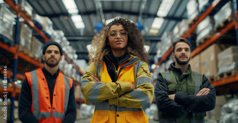 Fototapeta premium Warehouse Workers in Safety Gear Standing with Confidence in Distribution Center