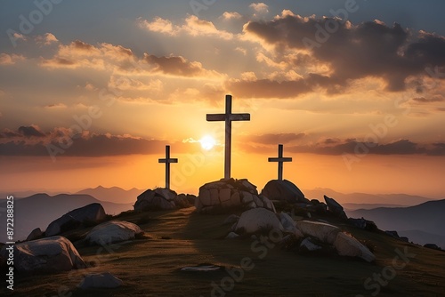 The sun sets behind three crosses on Mt. Calvary symbolizing hope and redemption, a reminder of sacrifice and salvation