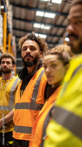 Warehouse Workers Wearing Safety Vests in Industrial Setting