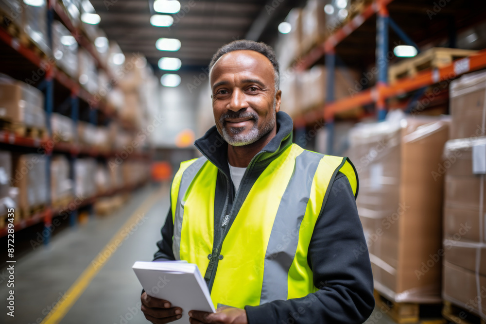 Portrait of warehouseman with clipboard checking delivery, stock in warehouse. Warehouse worker preparing products for shipment.
Portrait of warehouseman with clipboard checking delivery, stock in warehouse. Warehouse worker preparing products for shipment.