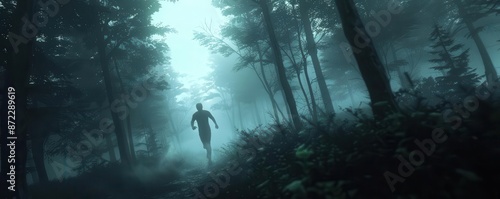 A dramatic scene of a person running in terror through a dark, foggy forest, their face a mask of fear