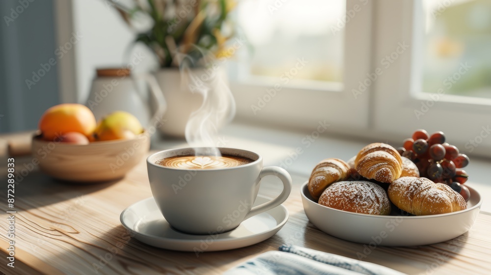 A cozy breakfast nook with steaming coffee, fresh pastries, and a bowl of fruit by a sunny window, exuding warmth and comfort in photorealistic quality, focus cover all object, deep dept of field A cozy breakfast nook with steaming coffee, fresh pastries, and a bowl of fruit by a sunny window, exuding warmth and comfort in photorealistic quality, focus cover all object, deep dept of field