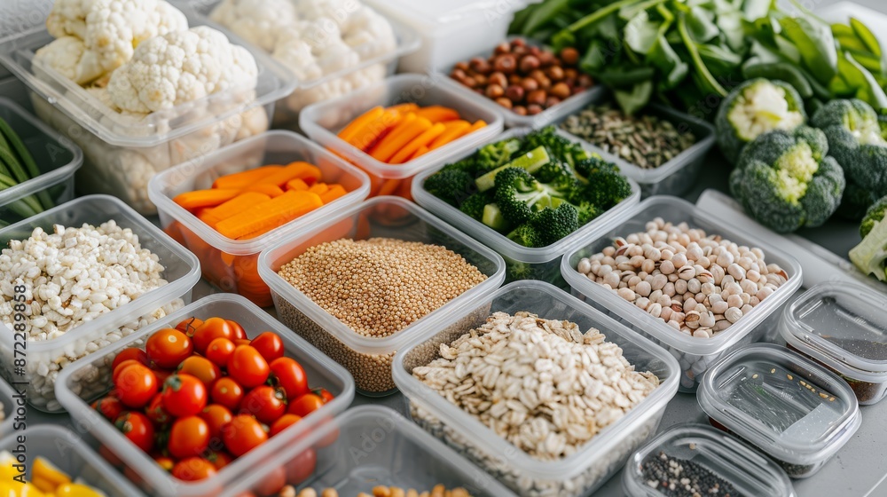A detailed shot of a vegan meal prep setup with an assortment of fresh vegetables, grains, and nuts arranged aesthetically on a modern kitchen countertop, focus cover all object, deep dept of field A detailed shot of a vegan meal prep setup with an assortment of fresh vegetables, grains, and nuts arranged aesthetically on a modern kitchen countertop, focus cover all object, deep dept of field