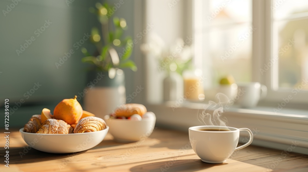 custom made wallpaper toronto digitalA cozy breakfast nook with steaming coffee, fresh pastries, and a bowl of fruit by a sunny window, exuding warmth and comfort in photorealistic quality, focus cover all object, deep dept of field