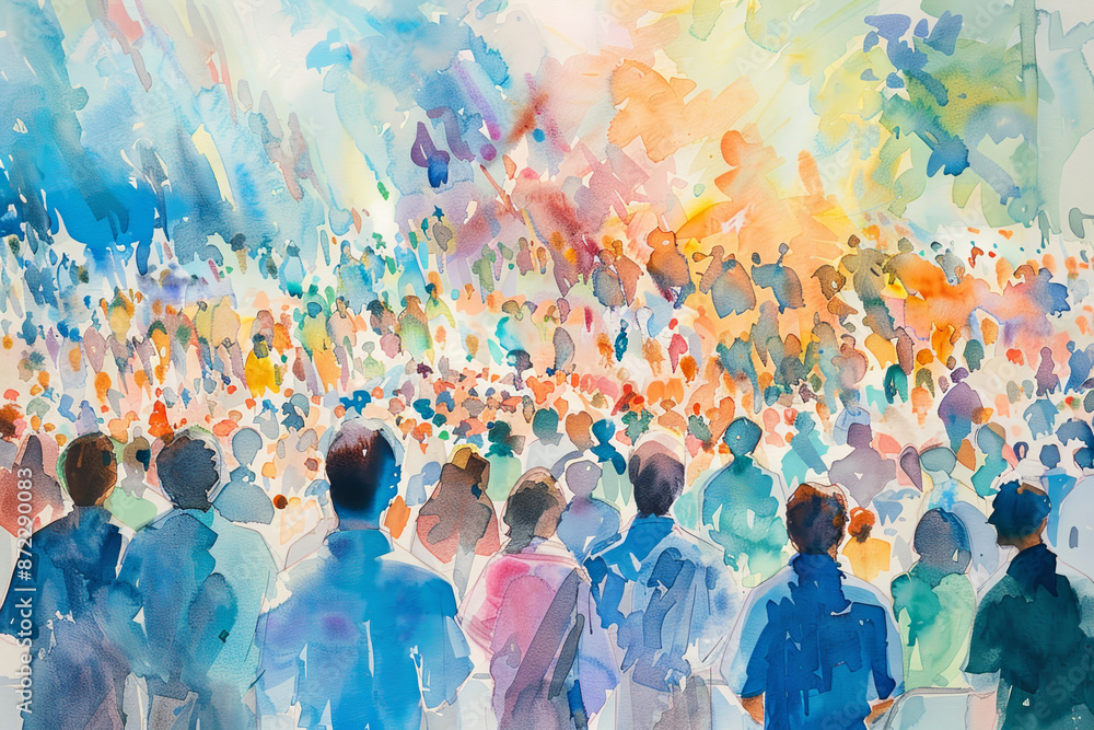 A painting of a crowd of people with a blue sky in the background A painting of a crowd of people with a blue sky in the background