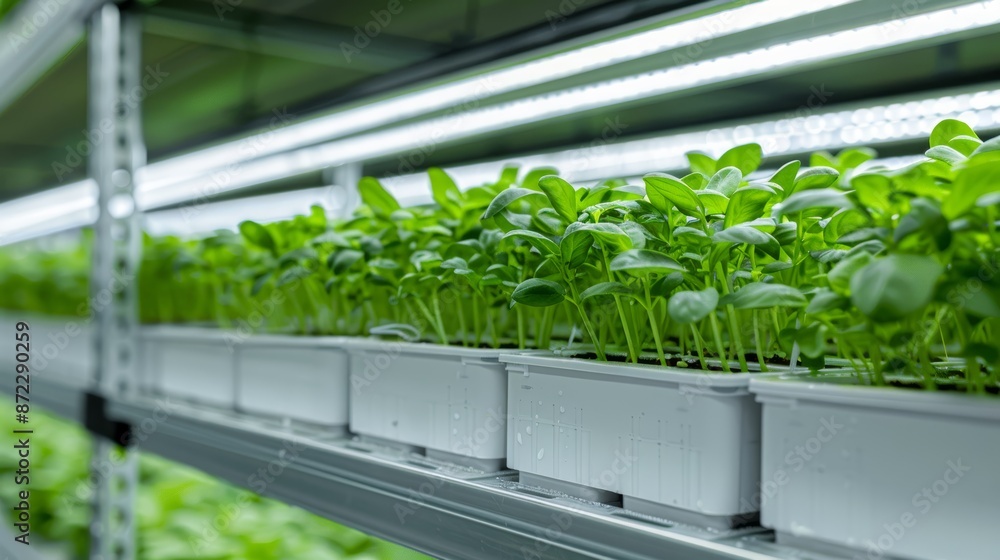 A hydroponic farm setup with LED lighting, showcasing advanced techniques in plant cultivation and sustainable agronomy A hydroponic farm setup with LED lighting, showcasing advanced techniques in plant cultivation and sustainable agronomy