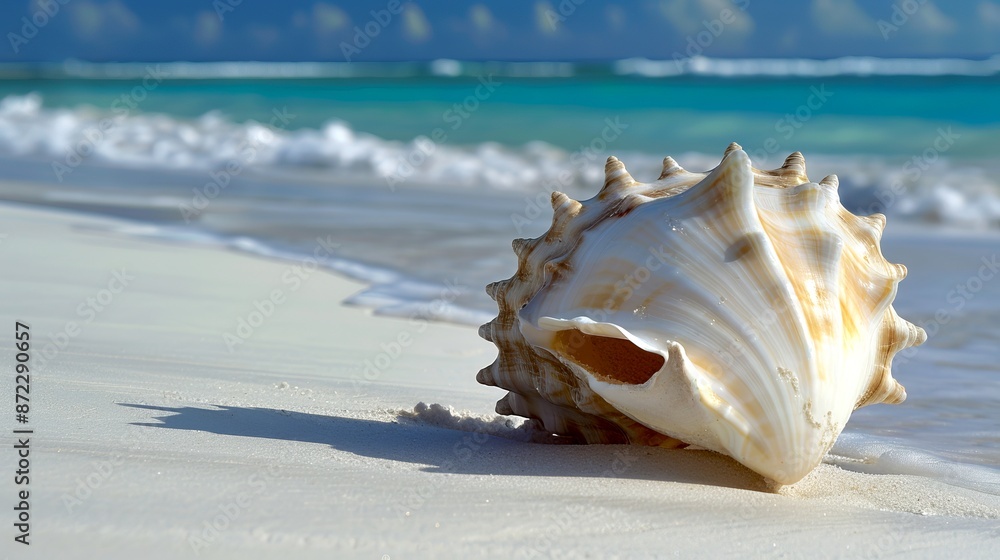 Seashell on Sandy Beach During Sunny Day. Close-up of conch shell on pristine shore. Perfect for tropical vacation concepts, beach-themed designs and relaxation visuals. AI Seashell on Sandy Beach During Sunny Day. Close-up of conch shell on pristine shore. Perfect for tropical vacation concepts, beach-themed designs and relaxation visuals. AI