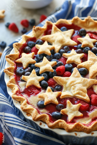 A close up photo of a delicious red, white, and blue pie topped with star cut-outs, reminiscent of the American flag