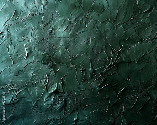 A dark green plaster wall with intricate, rough textures and abstract patterns, creating a rich and immersive background. Space for text is thoughtfully incorporated into the design.