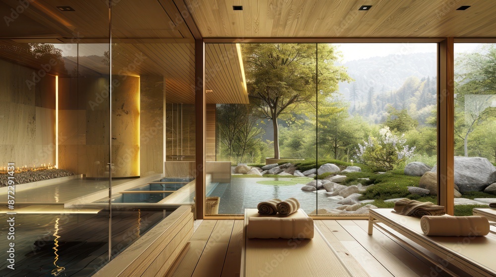 Fototapeta premium luxury spa with energy-efficient windows that blur the boundaries between interior and natural settings, creating a seamless integration with the relaxing landscape