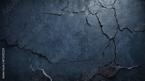 A dark blue wall made of concrete showing multiple cracks on the surface
